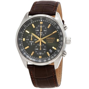 Seiko Chronograph Tachymeter Green Dial Leather Quartz SSB385P1 100M Mens Watch