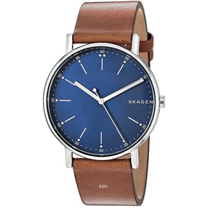 Skagen Signatur Quartz SKW6355 Leather Strap Blue Dial Analog Mens Watch 50M