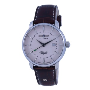 Zeppelin Atlantic Timezone Beige Dial Leather Strap Quartz 84425 50M Mens Watch