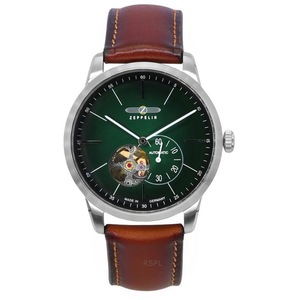 Zeppelin Flatline Leather Strap Green Open Heart Dial Automatic 83644 Mens Watch