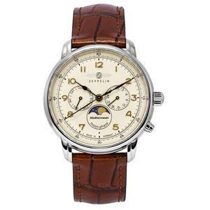 Zeppelin Mediterranean Moon Phase Day Date Display Leather Strap Beige Dial 1 Jewel Quartz 96365 Men's Watch