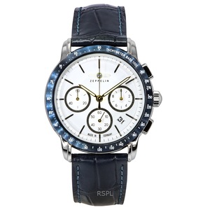 Zeppelin New York Chronograph Tachymeter Leather Strap White Dial Quartz 88781 Mens Watch