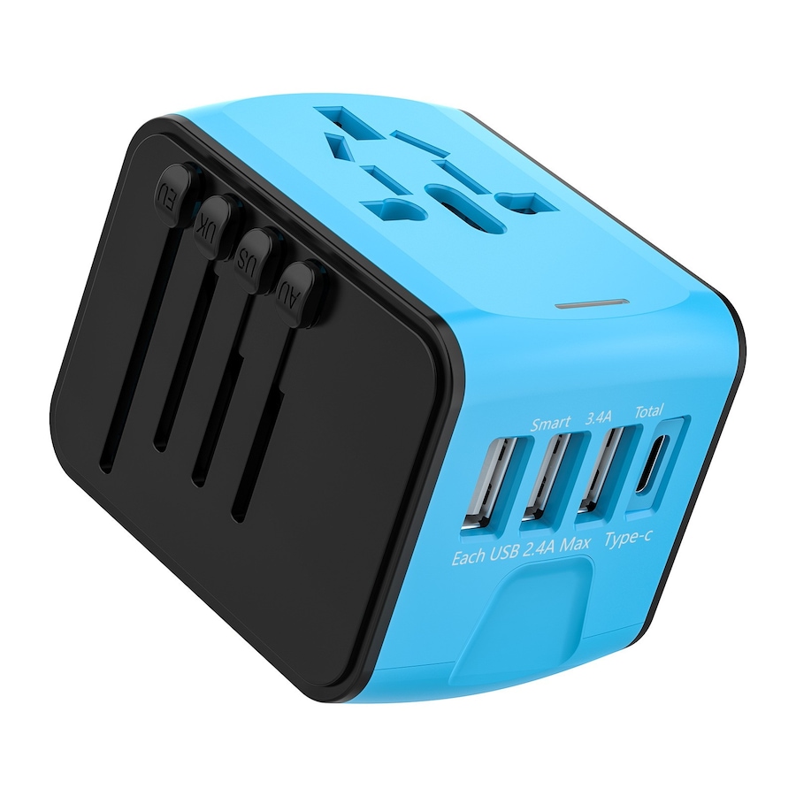 International Universal Travel Adapter - Works in 200+ Countries, 3 USB Ports & Type-C Charger for iPhone, iPad, Tablets & More(Blue)