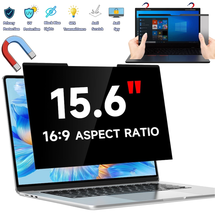 Magnetic 15.6 Inch Laptop Privacy Screen for 16:9 Computer Monitor, Removable Anti Glare Blue Light Filter Protector, 15 in Privacy Shield Compatible