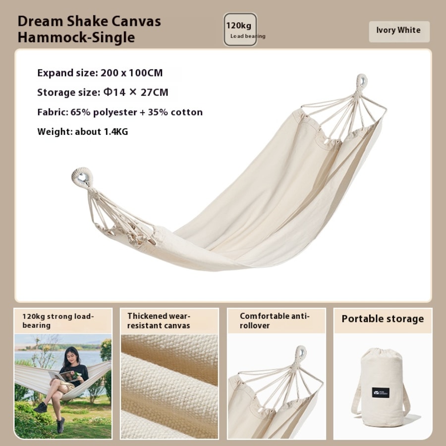 Mobi Garden MengYao Single Canvas Hammock – Heavy-Duty & Portable for Camping, Picnics, and Outdoor Relaxation - WHITE