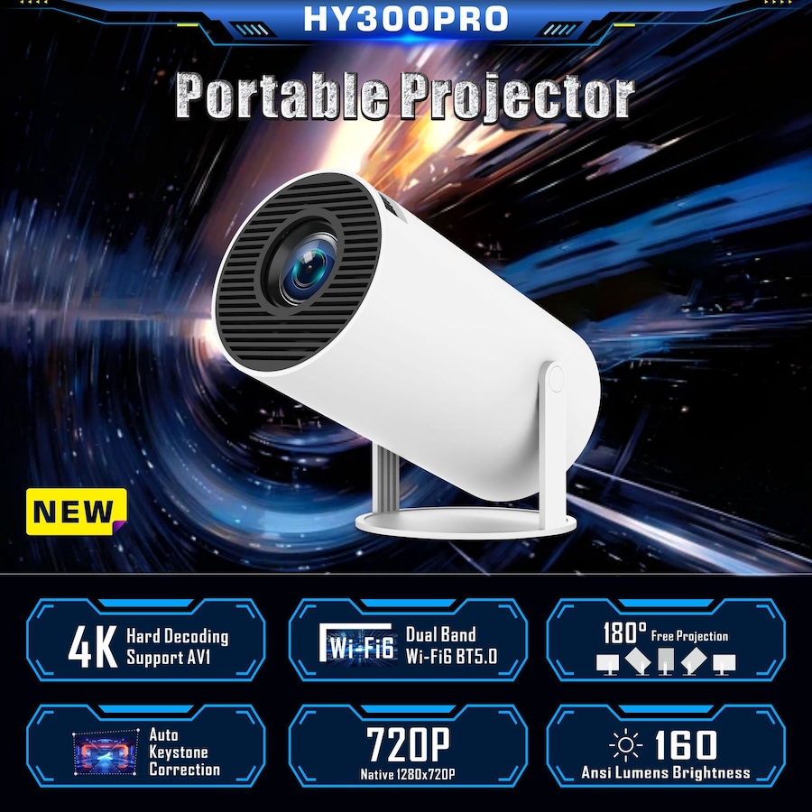 Portable 4K Smart Mini Projector - Android 11.0 OS, Dual WiFi, BT 5.2 - Auto Keystone Correction & 180° Rotation - Home Cinema & Outdoor Movies