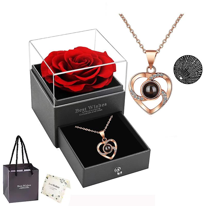 Preserved Red Real Rose With Heart I Love You Necklace -Eternal