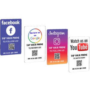 Tap and Share Contactless Sharing { 4 PACK } - Watch Us on YouTube - Instagram Connect - Review us on Google - Facebook Connect Card - Smart NFC+ QR code