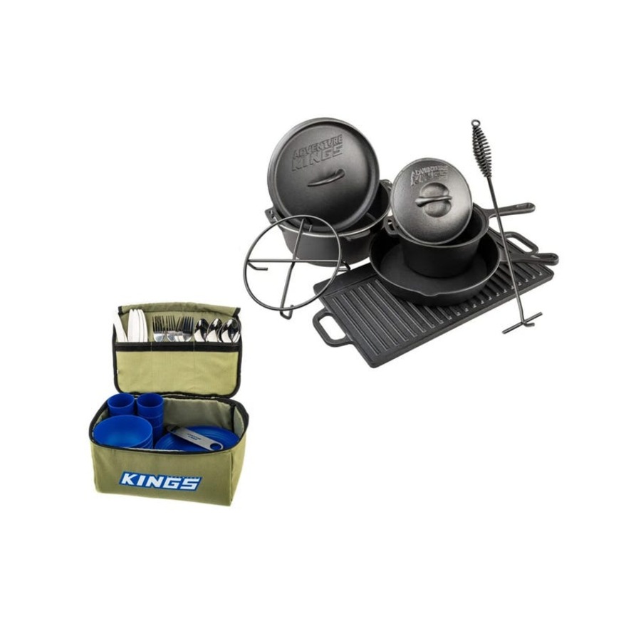 Adventure Kings Cast Iron Cooking Set + 37 Piece Six-Person Camping Picnic Set