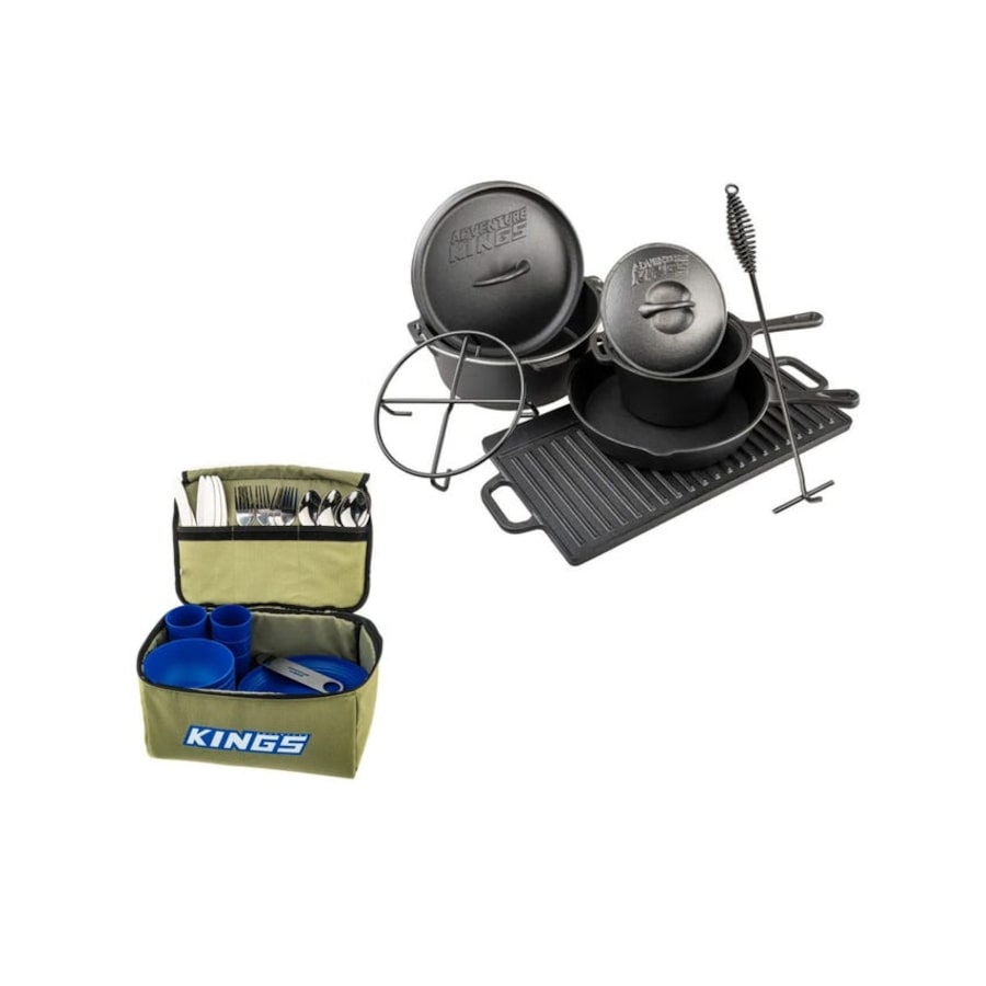 Adventure Kings Cast Iron Cooking Set + 37 Piece Six-Person Camping Picnic Set