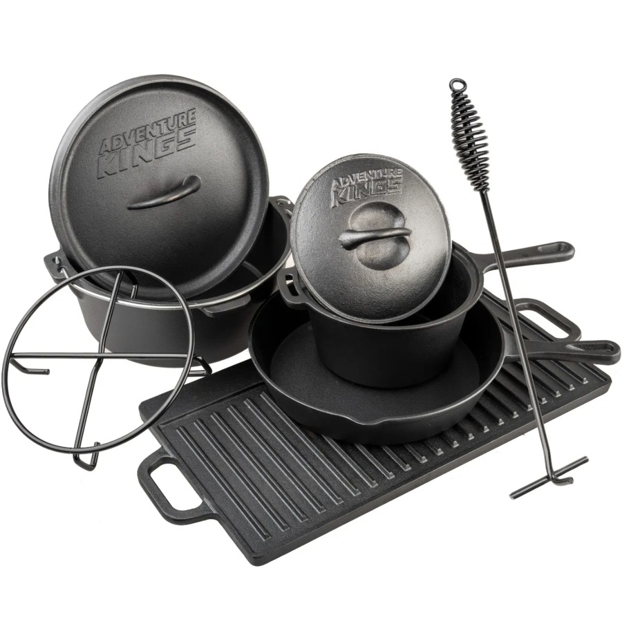 Adventure Kings Cast Iron Cooking Set + 37 Piece Six-Person Camping Picnic Set