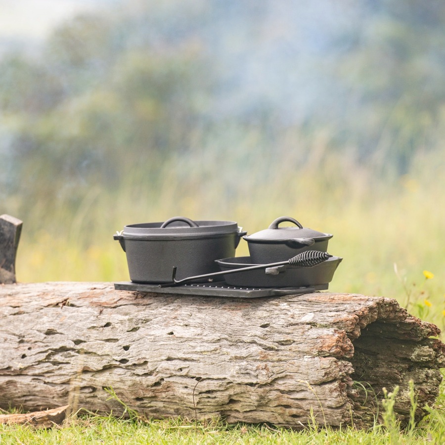 Adventure Kings Cast Iron Cooking Set + 37 Piece Six-Person Camping Picnic Set