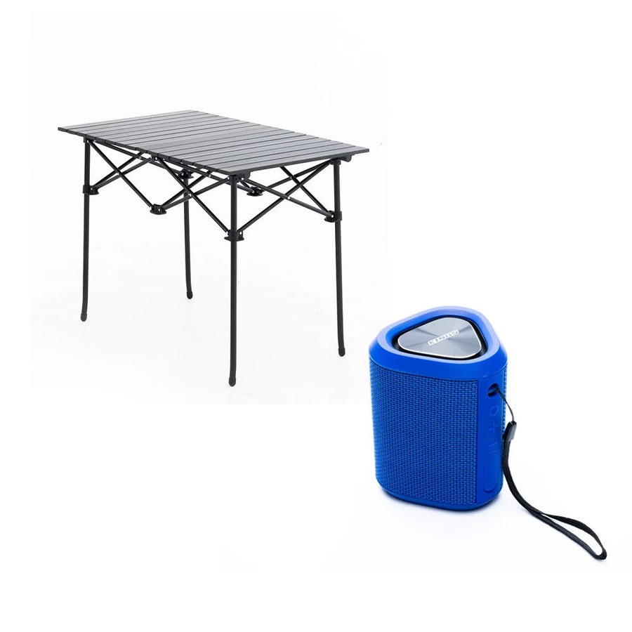 Adventure Kings Aluminium Roll-Up Portable Camping Table + Bluetooth speaker