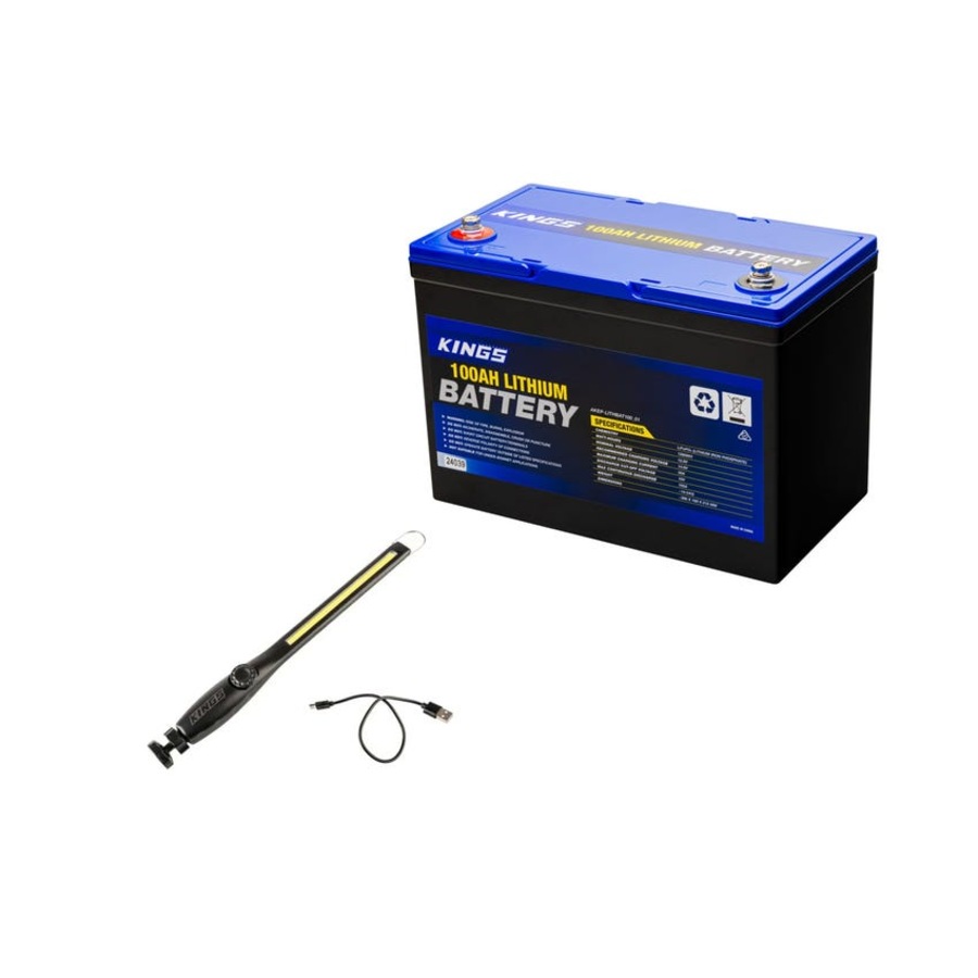 Kings 12V 100Ah Lithium Battery LiFePO4 + Rechargeable LED Work light