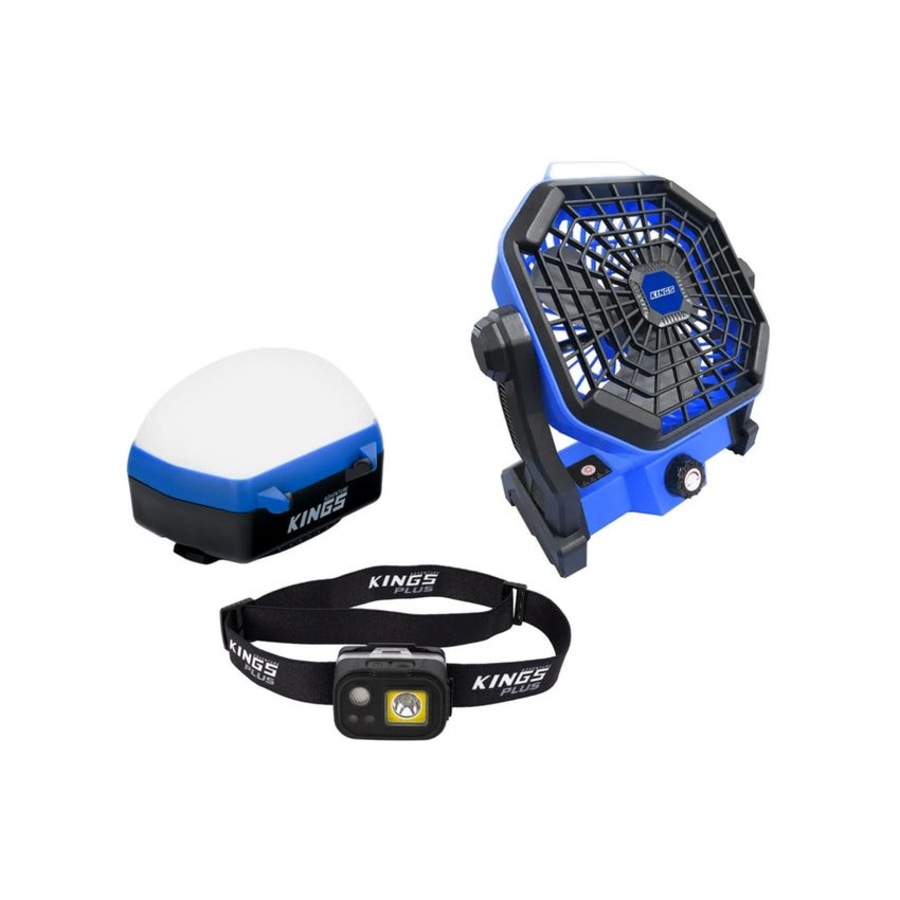 Kings 2in1 Lithium Rechargeable LED Light/Fan + Plus Lithium LED Headtorch + Lithium Rechargeable LED Camp Lantern