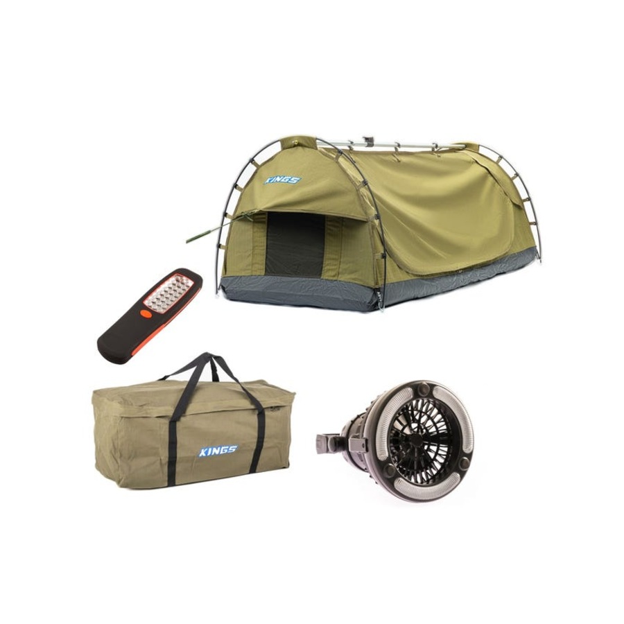 Kings Deluxe Escape Single Swag + Single Swag Canvas Bag + 2in1 LED Light & Fan + LED Work Light