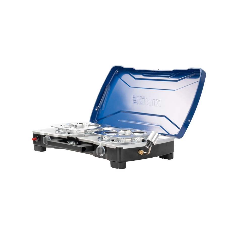 Kings Double Burner Gas Stove - Twin Adjustable 11,000 BTU Burners - 360° Windbreak - Piezo Ignition - Heavy-Duty Lid & Handle