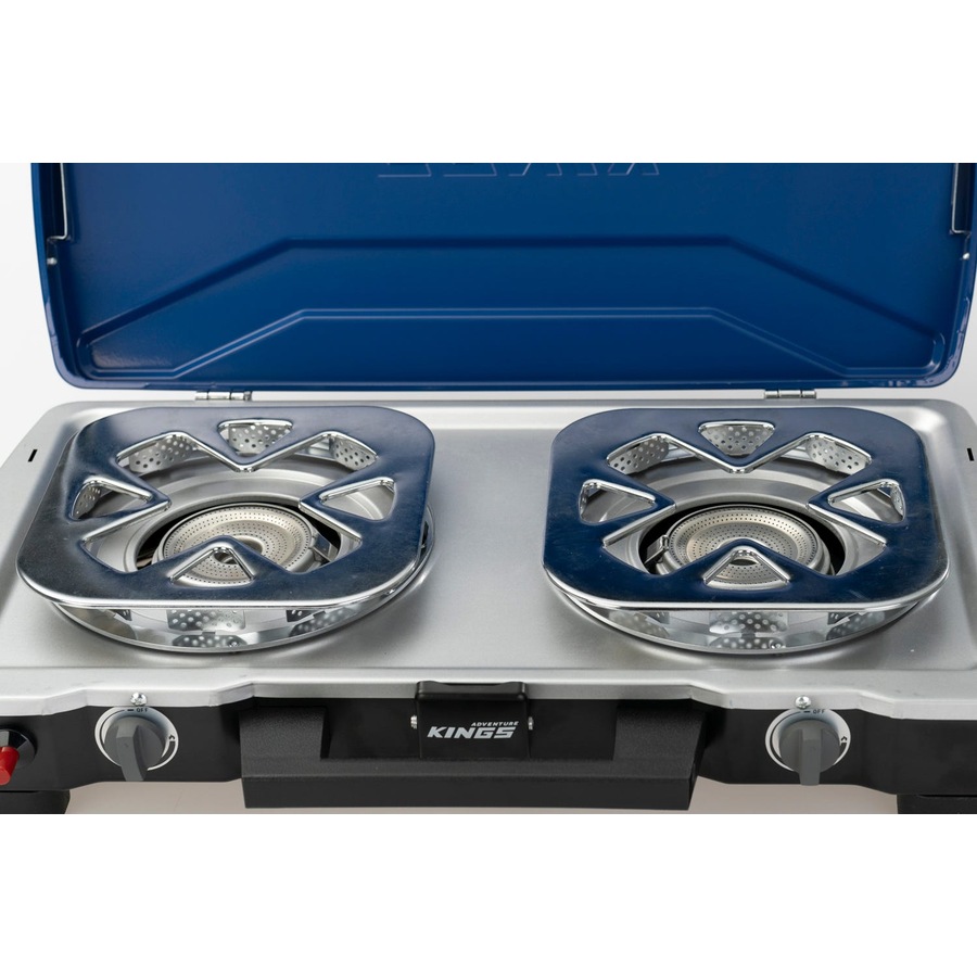 Kings Double Burner Gas Stove - Twin Adjustable 11,000 BTU Burners - 360° Windbreak - Piezo Ignition - Heavy-Duty Lid & Handle