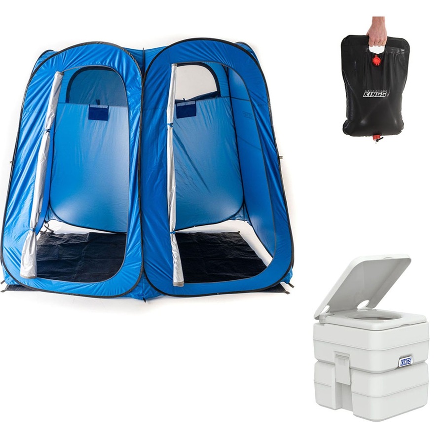 Kings Portable Camping Toilet + Double Ensuite Shower Tent + 20L Solar Shower