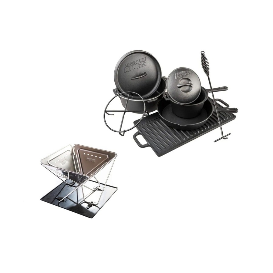 Kings Premium Stainless Steel Folding Firepit + Cast Iron Cooking Set