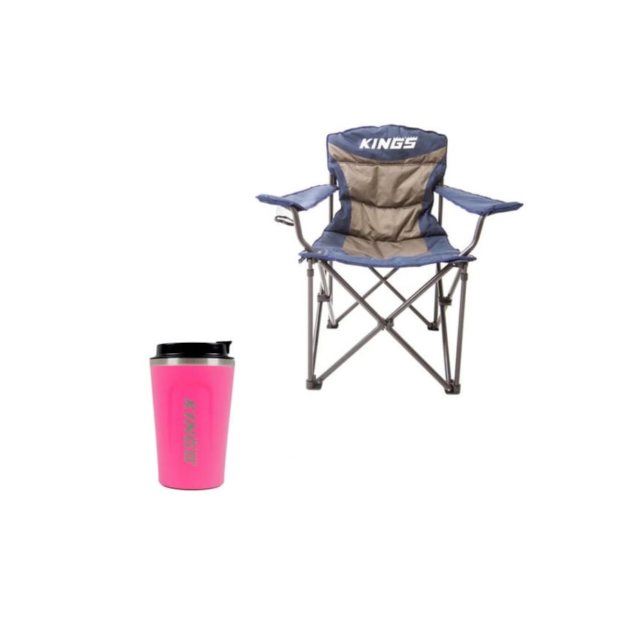 Kings Throne Camping Chair Rated 300kg Thick Padding + Pink Coffee Cup 380ml