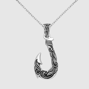 925 Sterling Silver Fish Hook Pendant Mens Surfer Necklace Hawaiian Tribal Jewelry