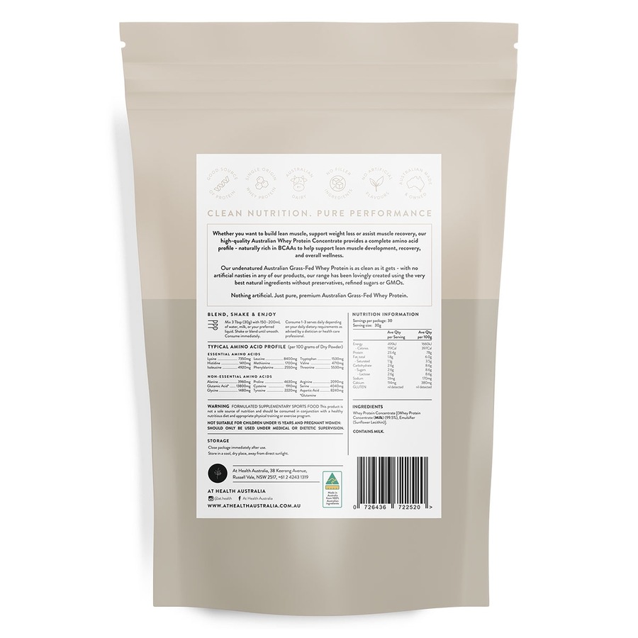 At Health Australia Grass-Fed Whey Protein Powder Natural 900g