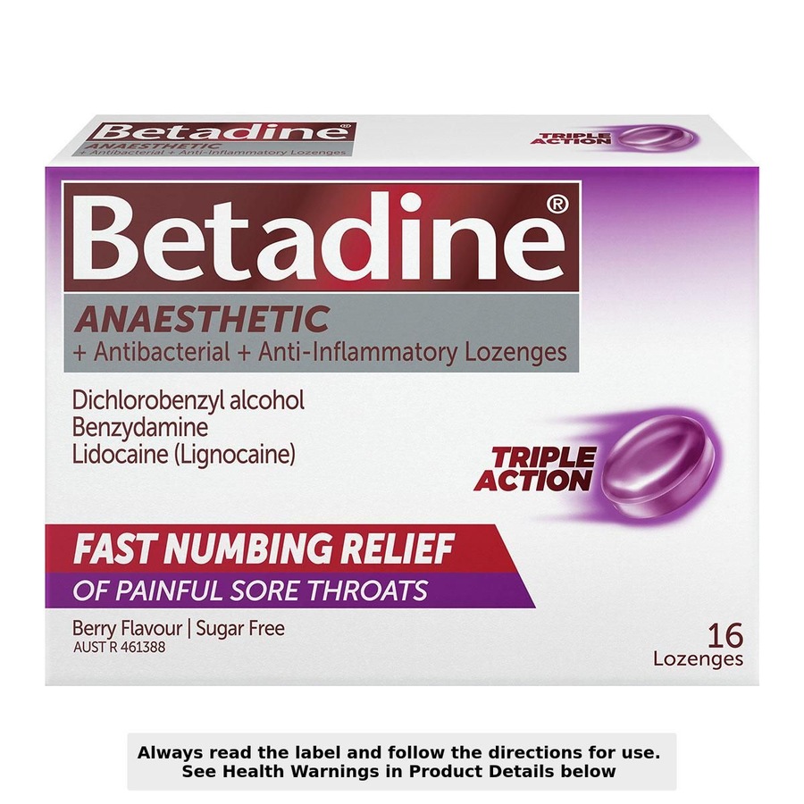 Betadine Anaesthetic Triple Action Sore Throat Lozenges Berry 16 Pack