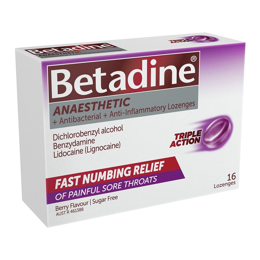 Betadine Anaesthetic Triple Action Sore Throat Lozenges Berry 16 Pack
