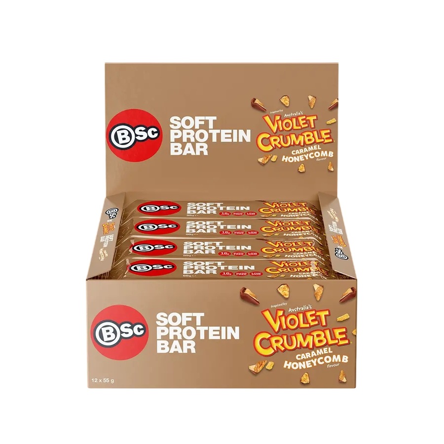 BSc x Violet Crumble Soft Protein Bars Caramel Honeycomb Box 12 x 55g