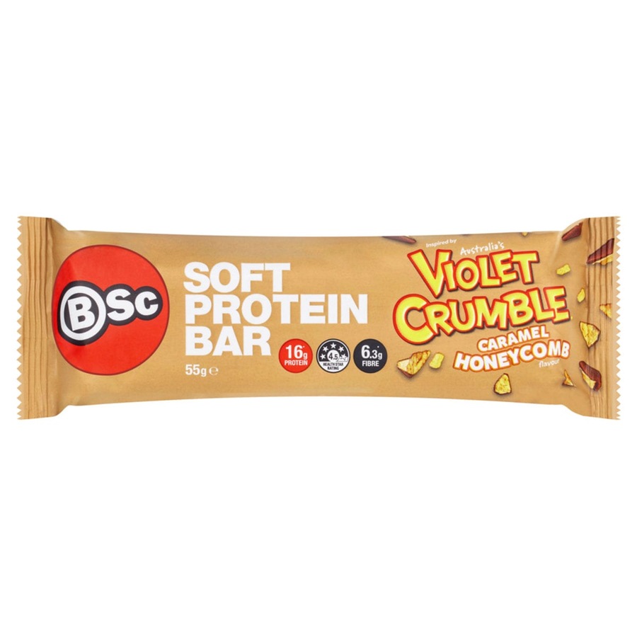 BSc x Violet Crumble Soft Protein Bars Caramel Honeycomb Box 12 x 55g