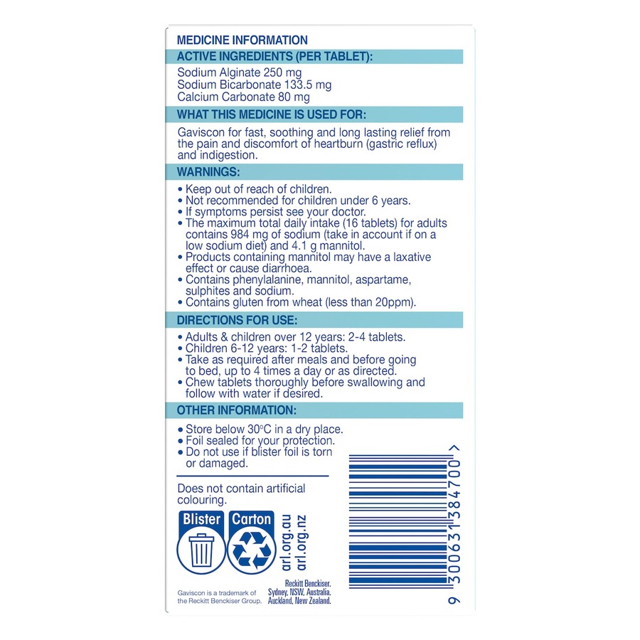 Gaviscon Heartburn & Indigestion Peppermint 24 Chewable Tablets