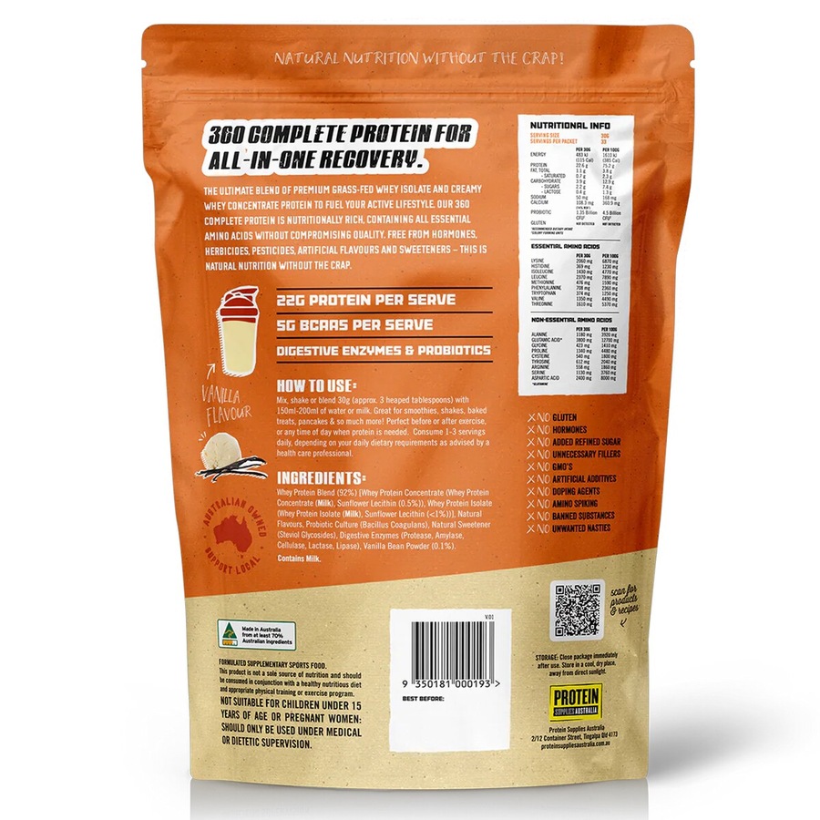 Protein Supplies Australia 360 Whey Protein Powder Vanilla Bean 1kg