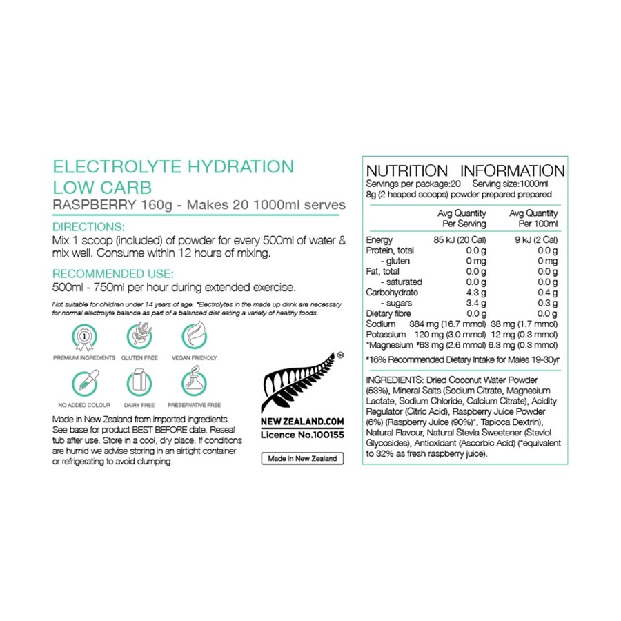 Pure Sports Nutrition Low Carb Electrolyte Hydration Powder Raspberry 160g