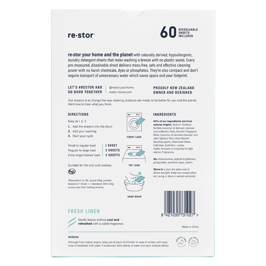 Restor Laundry Detergent Sheets Fresh Linen 60 Pack