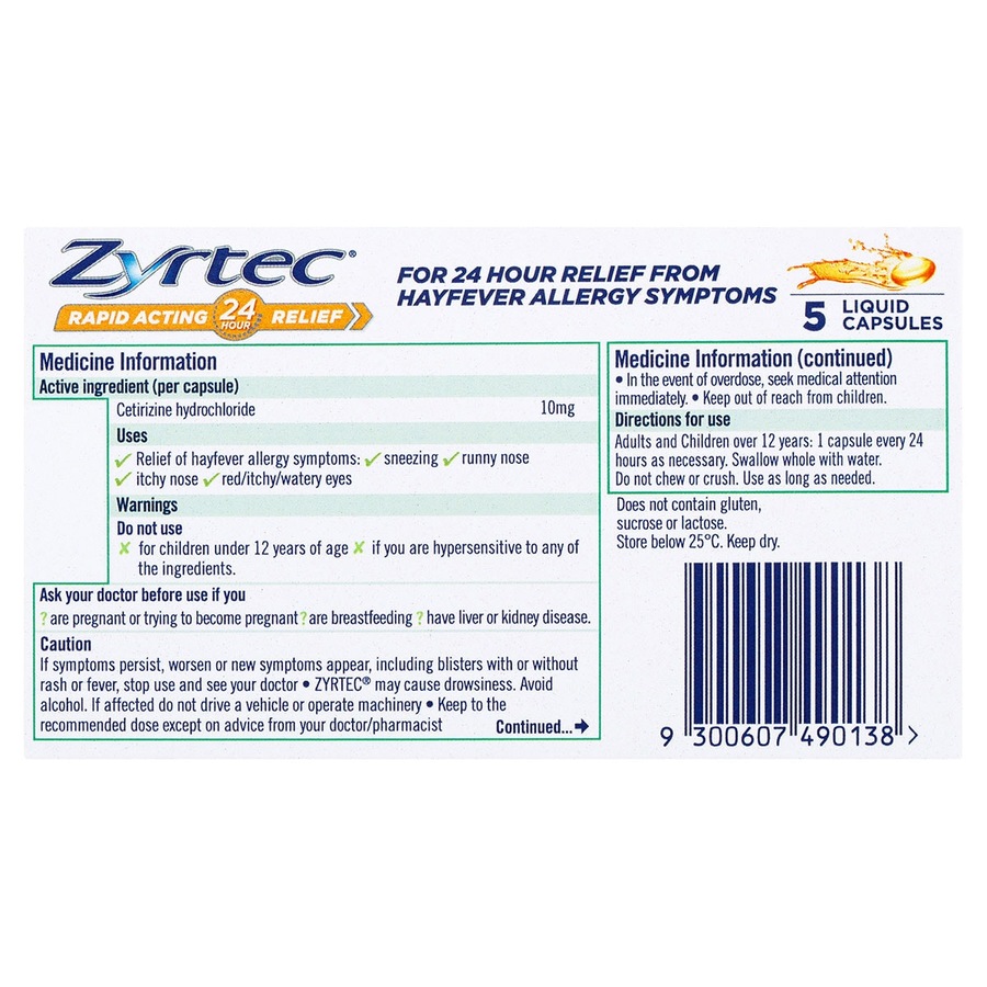 Zyrtec Rapid Acting Hayfever Allergy Relief Antihistamine Liquid Capsules 5 Pack