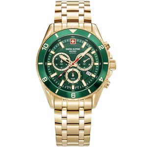 Swiss Alpine Military Chronograph 7034.9114 Green Dial Gold Stainless Steel Unisex Watch