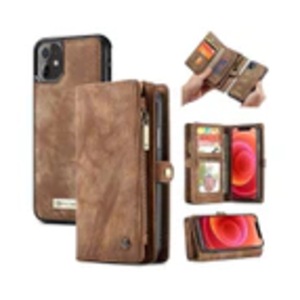 CaseMe For Apple iPhone 12 Mini Zipper & Detachable Retro Leather Pouch Wallet Flip Purse Bag Detachable Phone Case Cover (Brown)