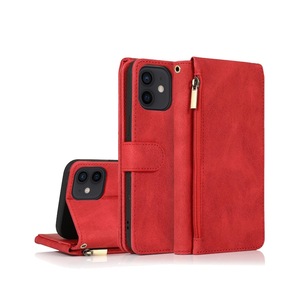 For iPhone 12 Mini Case, Leather Zipper Purse Flip Cover Case with Card Slot Holder Wrist Strap Lanyard (Red)