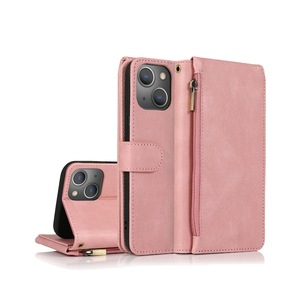 For iPhone 13 Mini Case, Leather Zipper Purse Flip Cover Case with Card Slot Holder Wrist Strap Lanyard (Pink)