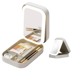 Travel Makeup Bag with LED Mirror 3 Colors Modes Integrated Makeup Storage Box-White