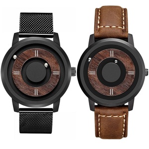 Men's Wooden Dial Magnetic Quartz Sports Cascual Wrist Watch Steel Leather Strap