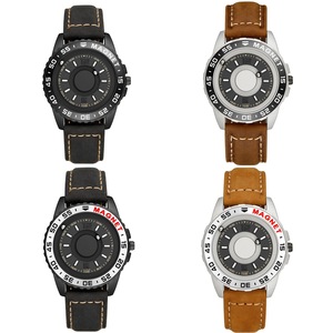 Mens Unisex Magnetic Quartz Cascual Sports Black Silver Wrist Watch Leather Band
