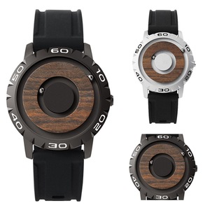 New Magnetic Wooden Quartz Wrist Watch No Pointer Sports Rubber Waterproof Strap