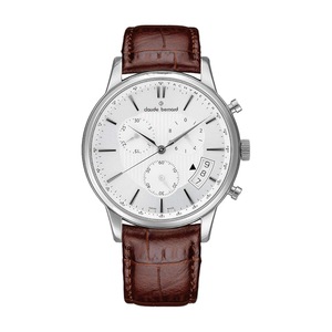 Claude Bernard 42mm White Dial Silver Case Brown Leather Strap Watch