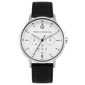 French Connection Gents 39mm White Dial Black Leather Strap Watch