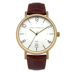 French Connection Gents 42mm White Dial Tan Leather Strap Watch