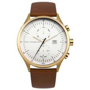 French Connection Kensington Grand 42mm White Dial Tan Leather Strap Watch