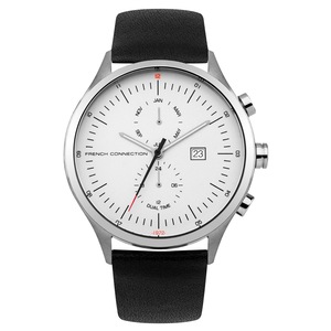 French Connection Kensington Grand 44mm White Dial Black Leather Strap Watch