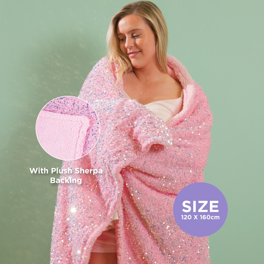 Stay Cosy Pink Sequin Sherpa Throw Blanket - 120 x 160 cm